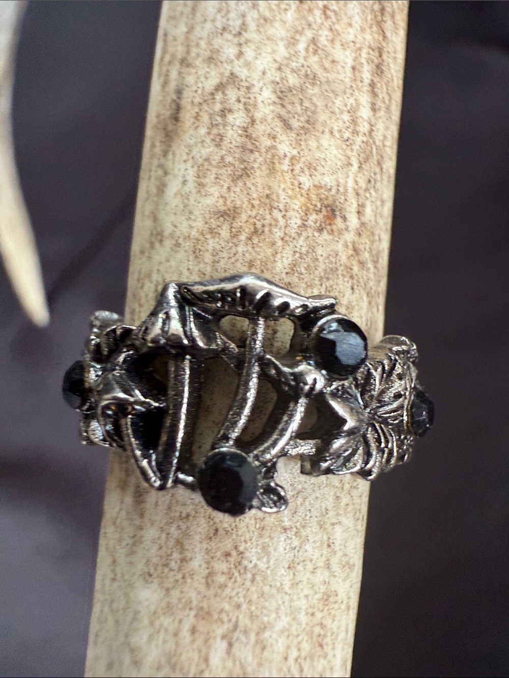 Gothic mushroom and Floral Black Stone Silver-Tone Women's Ring